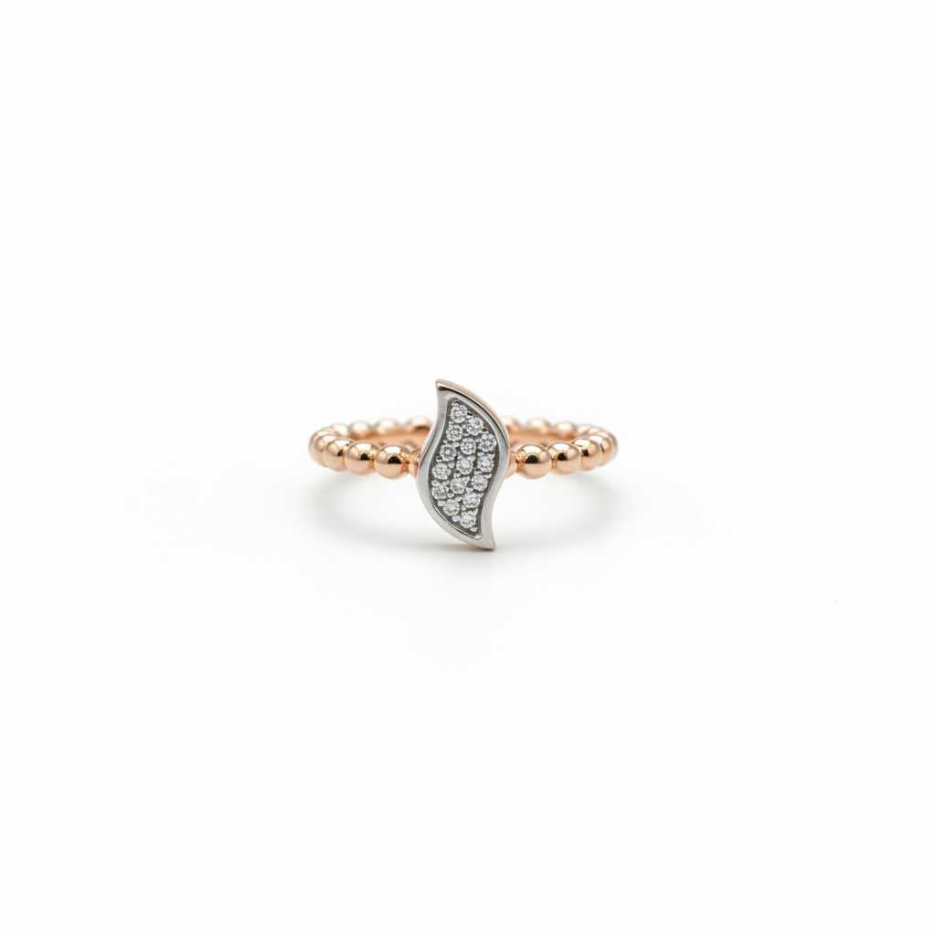 Petrals kétszínű rozé és fehér arany gyűrű ródiumozott legyező pavé cirkónia foglalattal és golyós sínnel, 14 karát