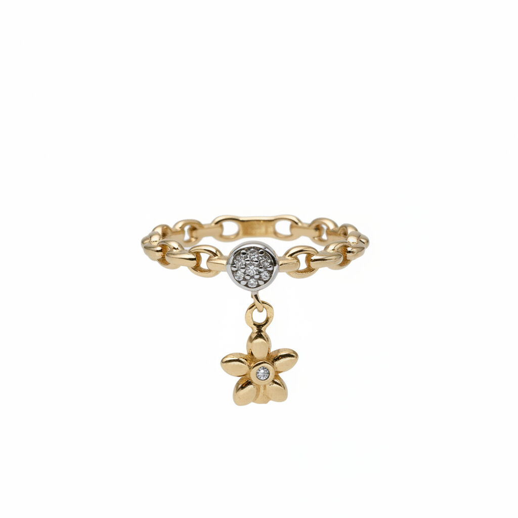 Petrals 14 karátos sárga arany gyűrű hajólánc mintázattal, pavé köves koronggal és függő virág motívummal.