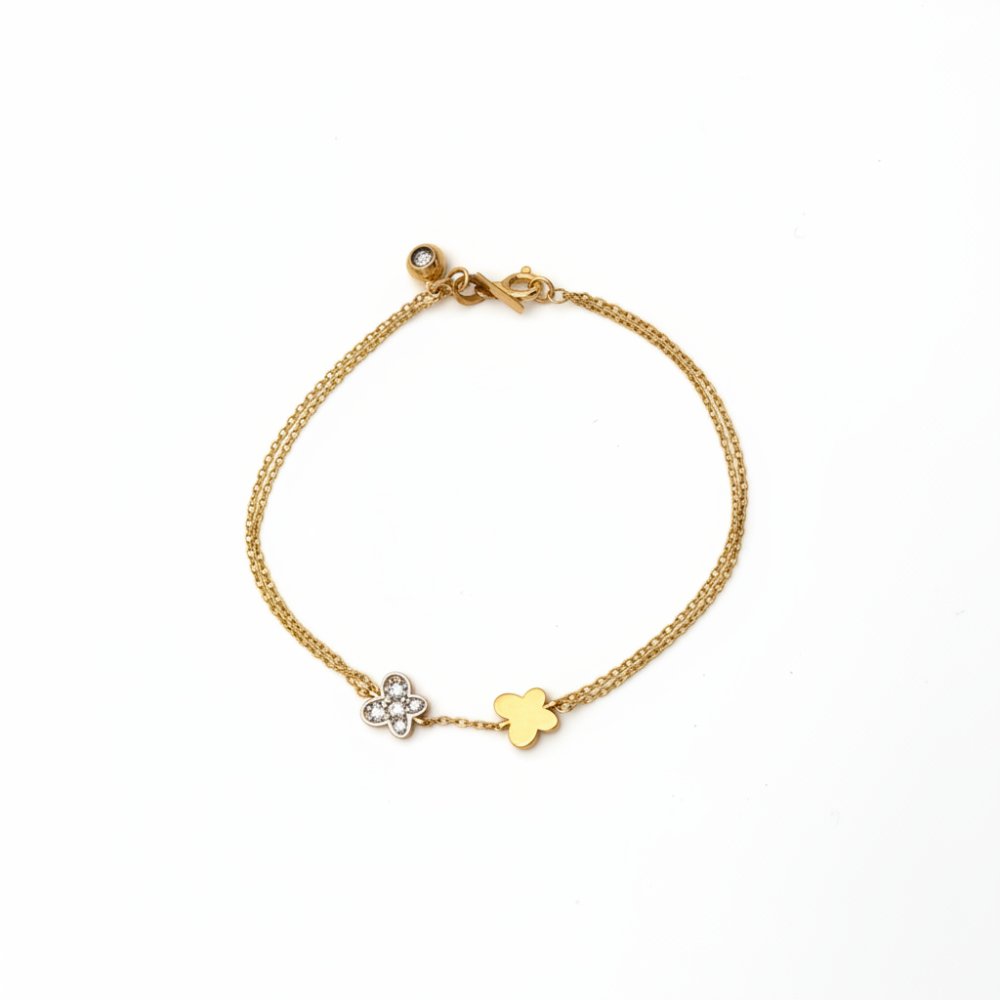 Petrals 14 karátos sárga arany dupla láncos karkötő cirkónia köves és selyemfényű polírozott virág medállal.