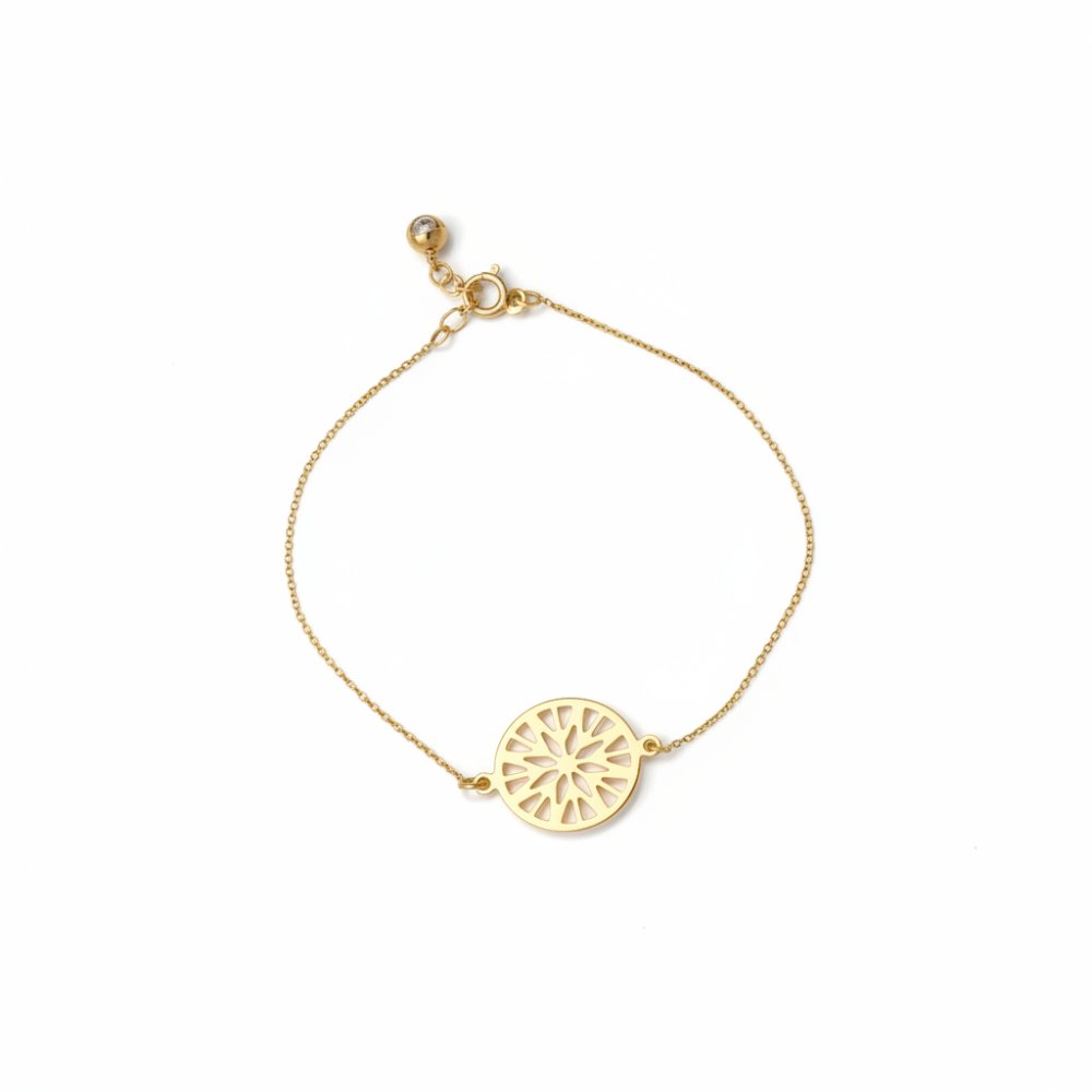 Petrals 14 karátos sárga arany karkötő áttört, selyemfényű korong medállal és cirkónia kővel díszített záróelemmel.