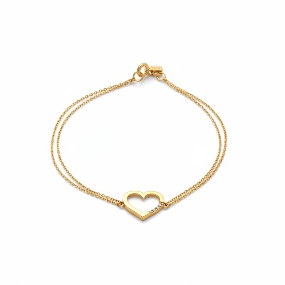 Petrals 14 karátos sárga arany dupla láncos karkötő karmos foglalatú cirkónia kövekkel díszített áttört szív medállal.