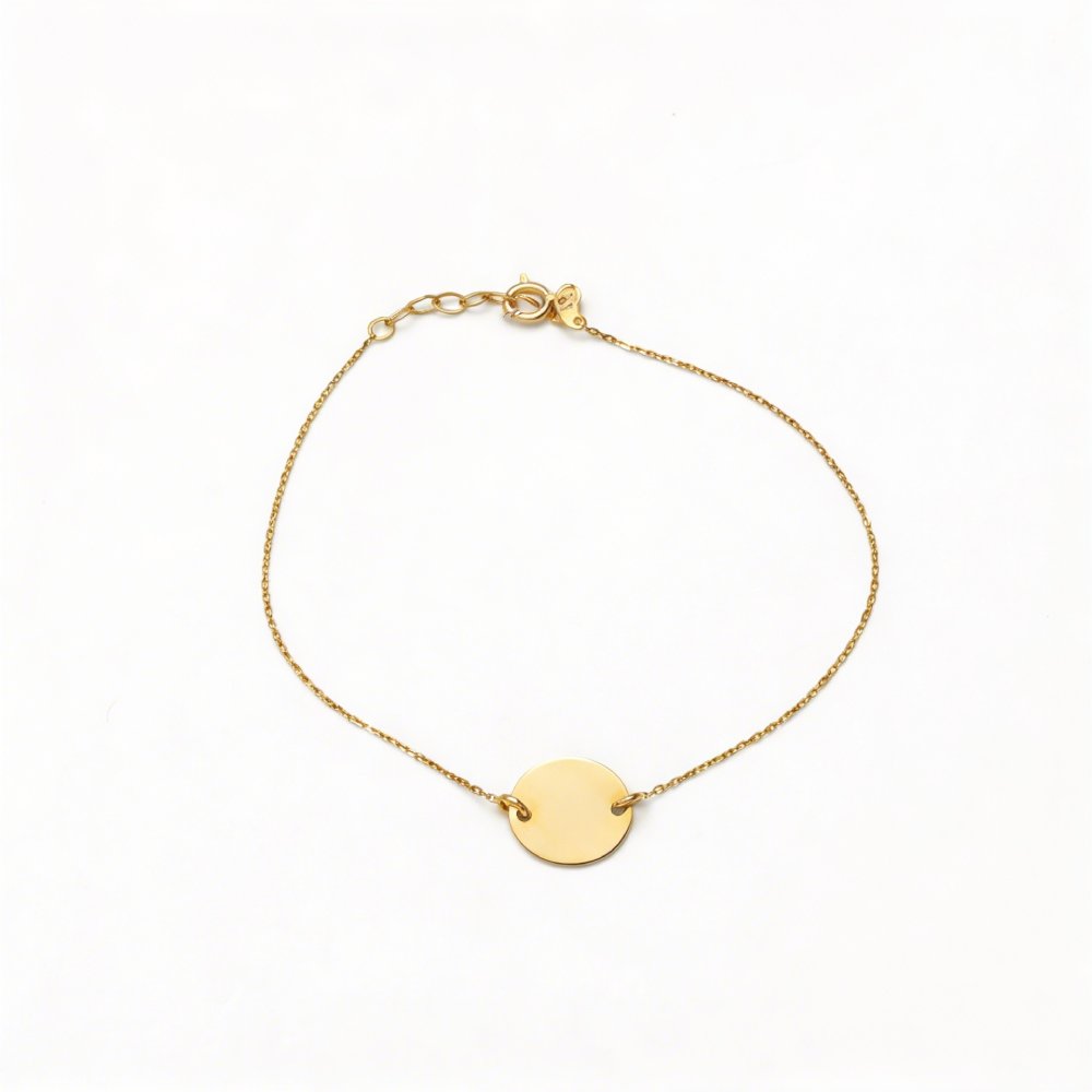 Petrals 14 karátos sárga arany karkötő finom anker lánccal és fényesre polírozott kerek lapmedállal.