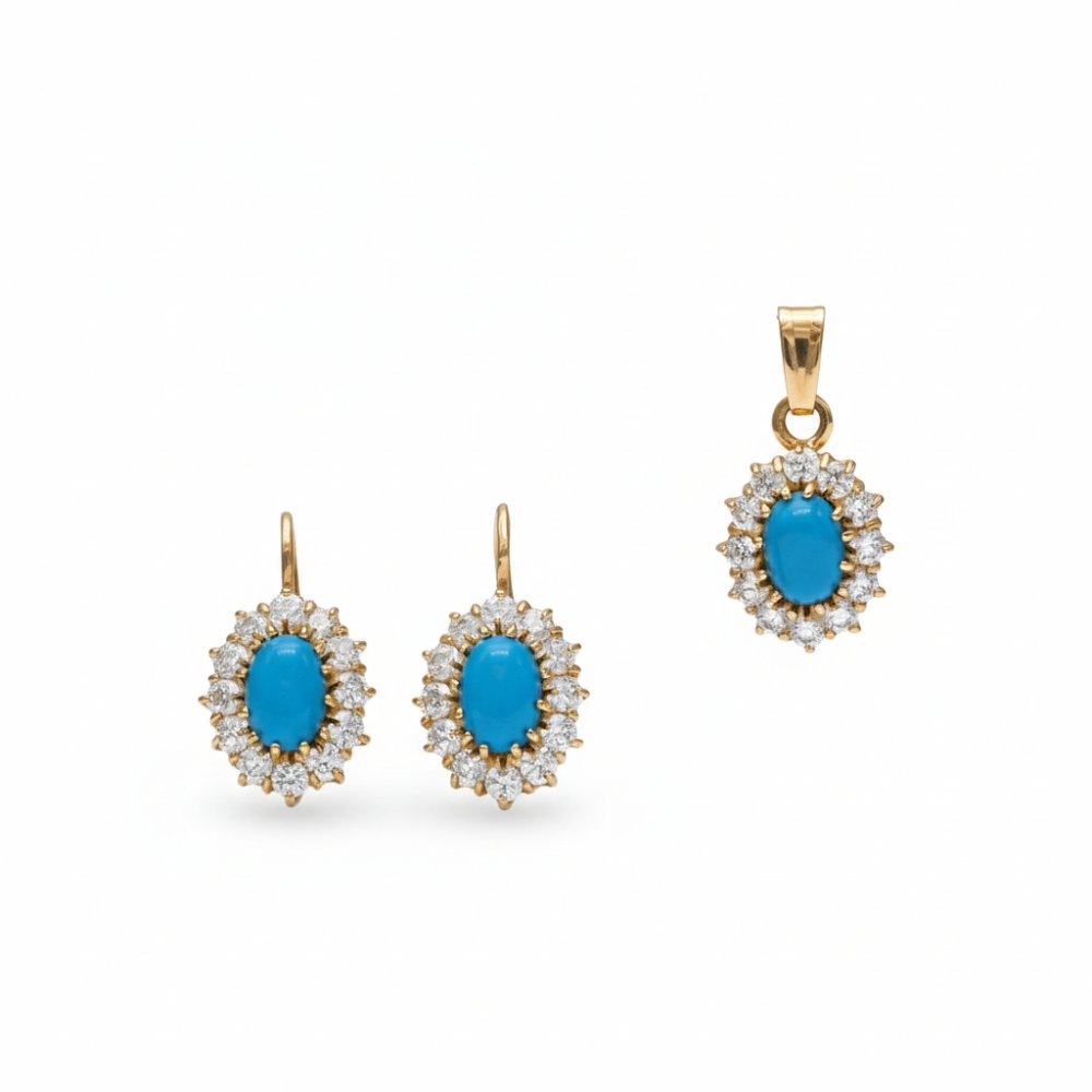 Petrals 14 karátos sárga arany kétrészes ékszerszett világos azúrkék cabochon cirkónia kővel fehér cirkónia halo foglalatban