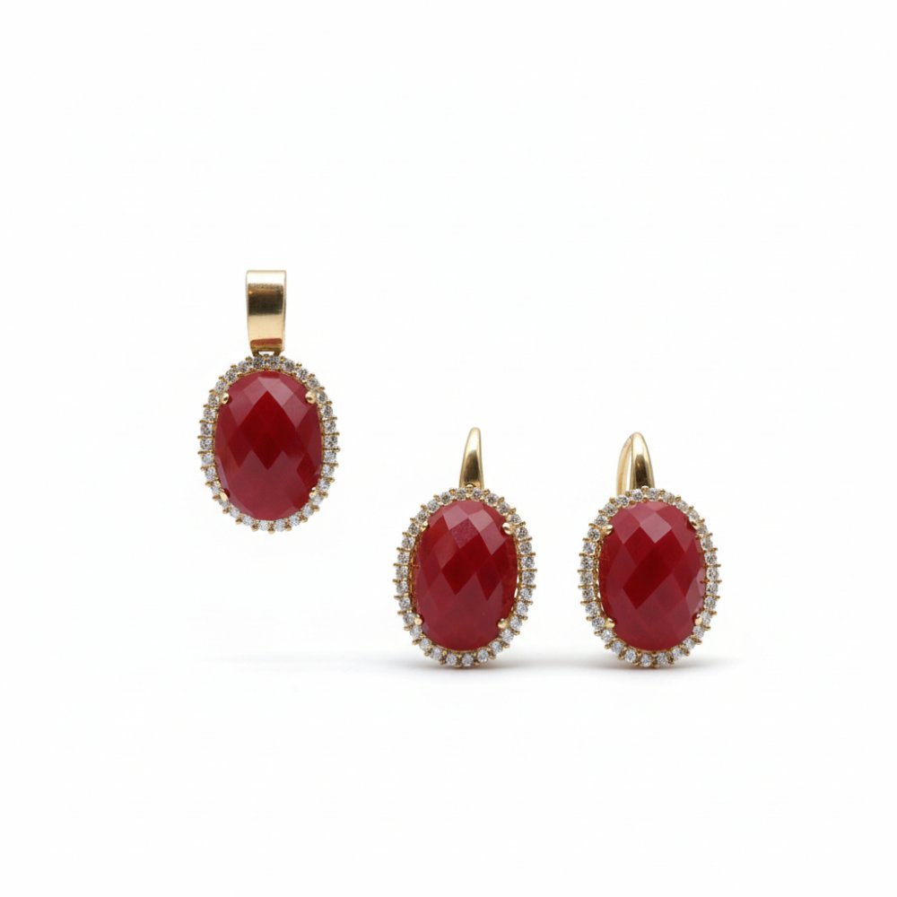 Petrals 14 karátos sárga arany kétrészes ékszerszett nagyméretű rubinvörös faceted ovális cirkónia kővel fehér cirkónia halo foglalatban