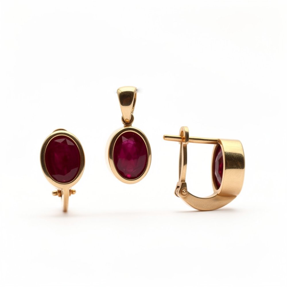 Petrals 14 karátos sárga arany ékszerszett – mélyvörös ovális kaboson cirkónia, lunetta foglalat, magasfényű polírozás, medál és Francia kapocsos fülbevaló páros.