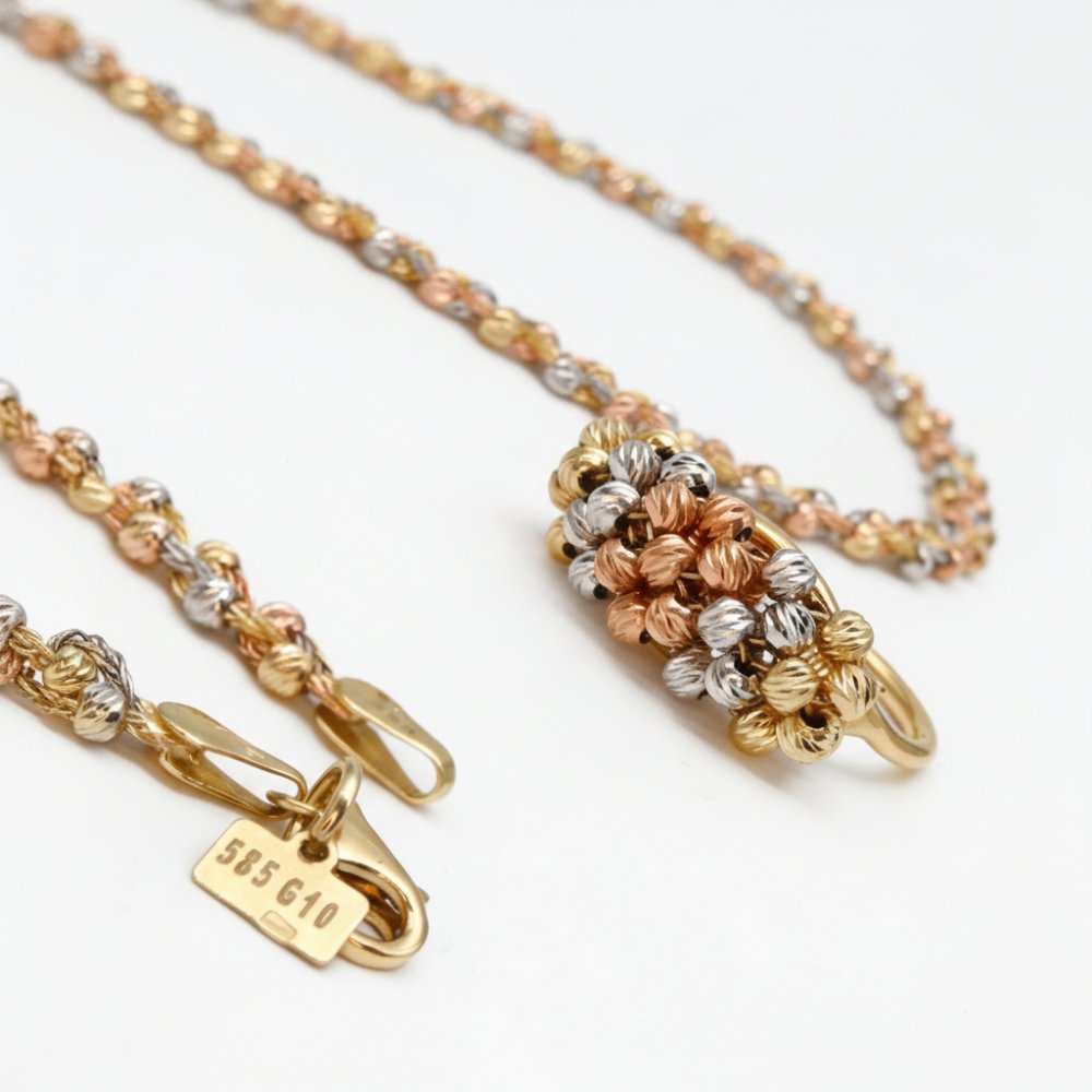 14 karátos tricolor arany bogyós nyaklánc és gyűrű szett, sárga, fehér és rozé arany fazettált golyókkal