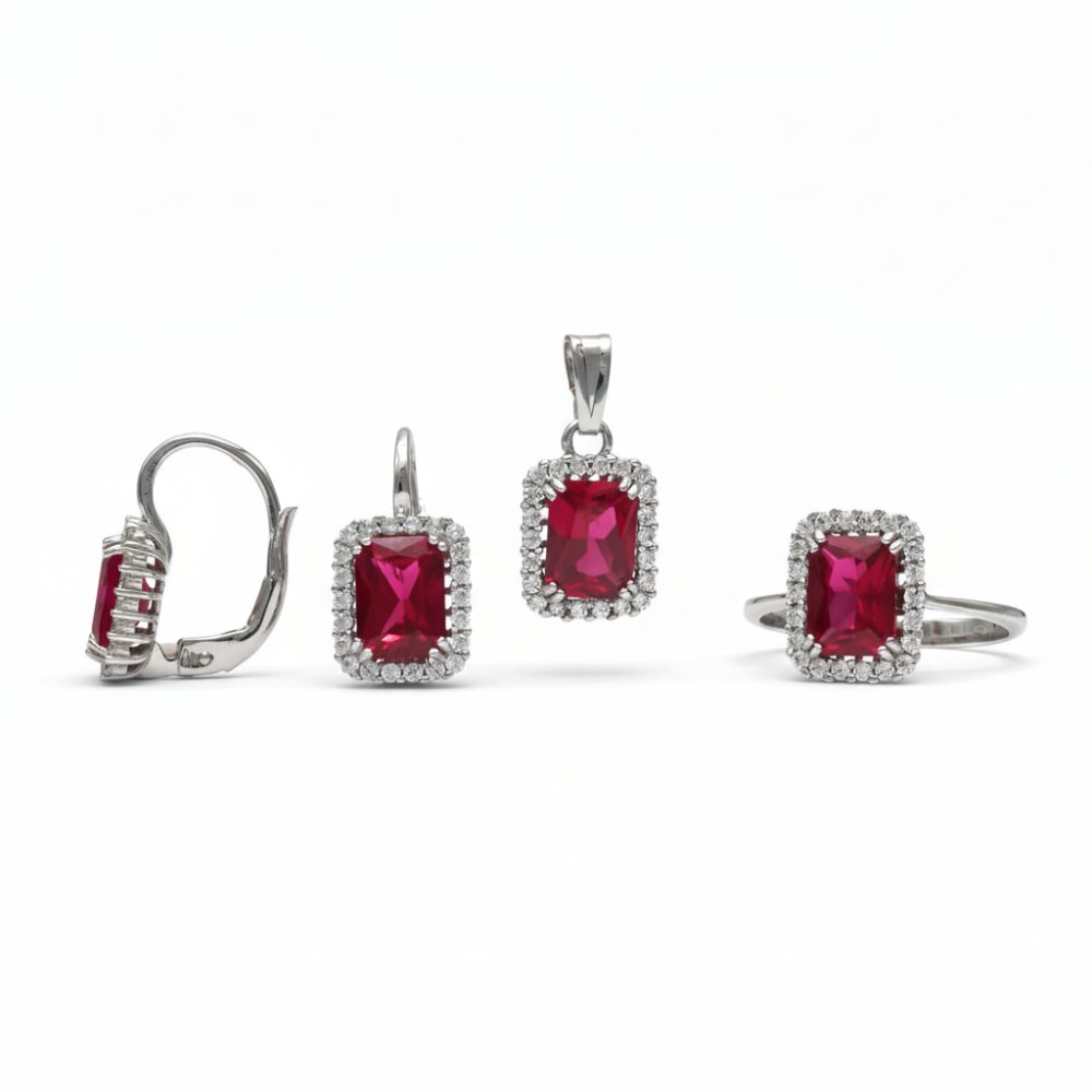 Petrals 14 karátos fehér arany háromrészes ékszerszett rubinvörös cushion cirkónia kővel és fehér cirkónia halo foglalattal