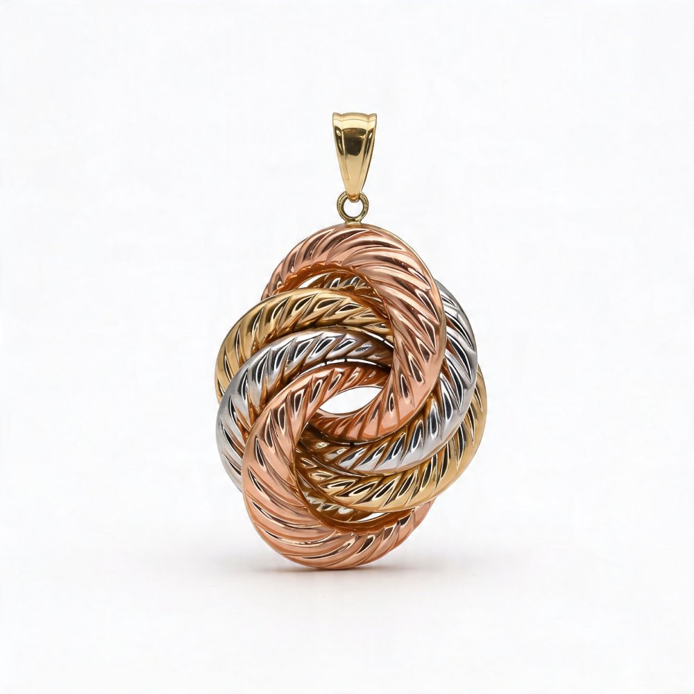 Háromszínű 14 karátos fonott arany medál selyemfényű és polírozott felülettel a Petrals kollekciójából.