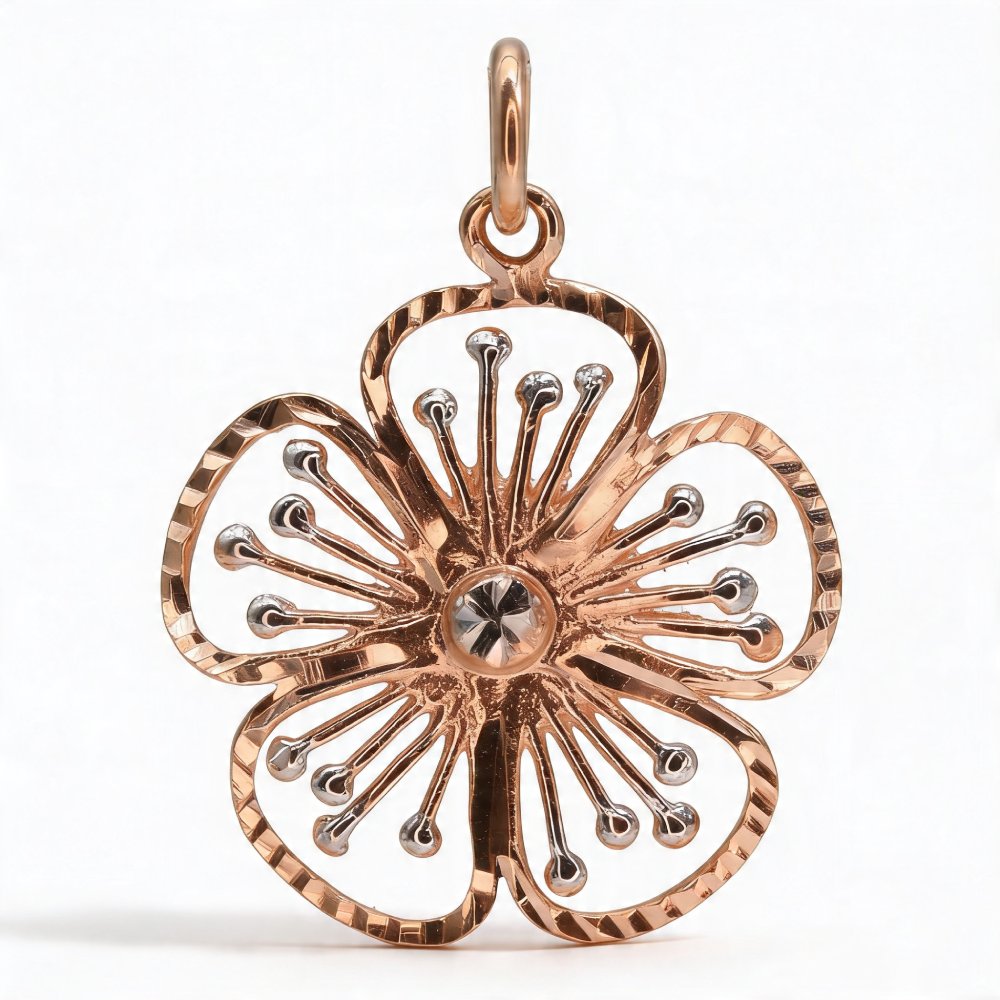 Kétszínű 14 karátos arany virág medál gyémántvésett díszítéssel a Petrals kínálatából.