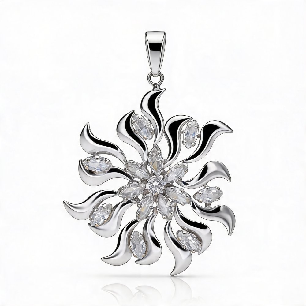 14 karátos fehér arany napvirág medál marquise cirkóniákkal és forgószél mintával