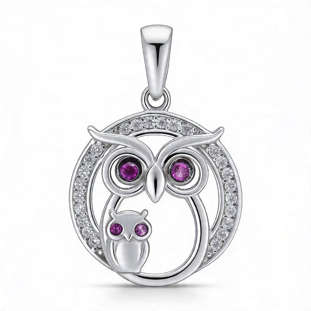 14 karátos fehér arany bagoly medál lila cirkónia szemekkel és pavé holdkerettel