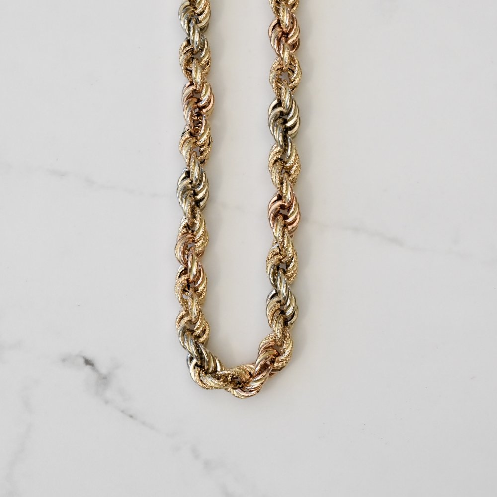 Petrals Tricolor Rope Twist 14 karátos sárga fehér és rozé arany férfi nyaklánc vastag texturált sodrattal és lobsterzárral