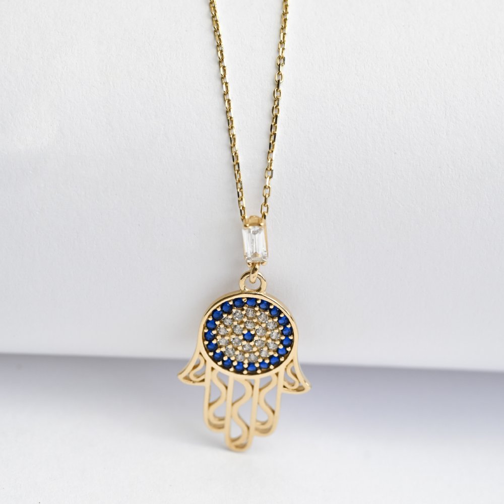 14 karátos sárga arany Fatima keze (Hamsa) medálos nyaklánc kék és fehér cirkóniával